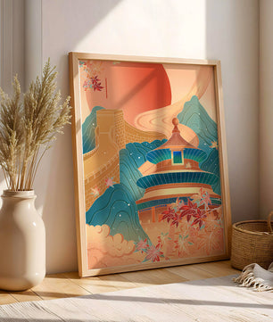Illustration of Chinese architecture with the Great Wall and nature elements
