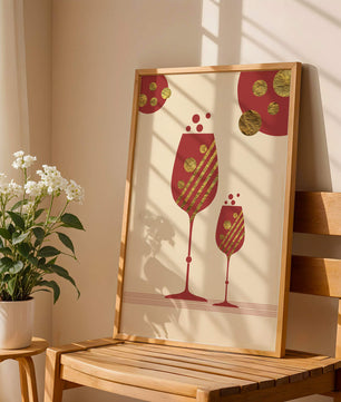 Stylish wine glasses with gold accents and a festive theme