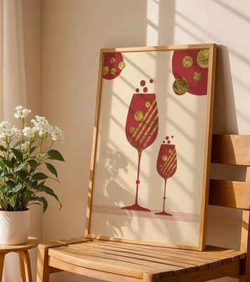 Stylish wine glasses with gold accents and a festive theme