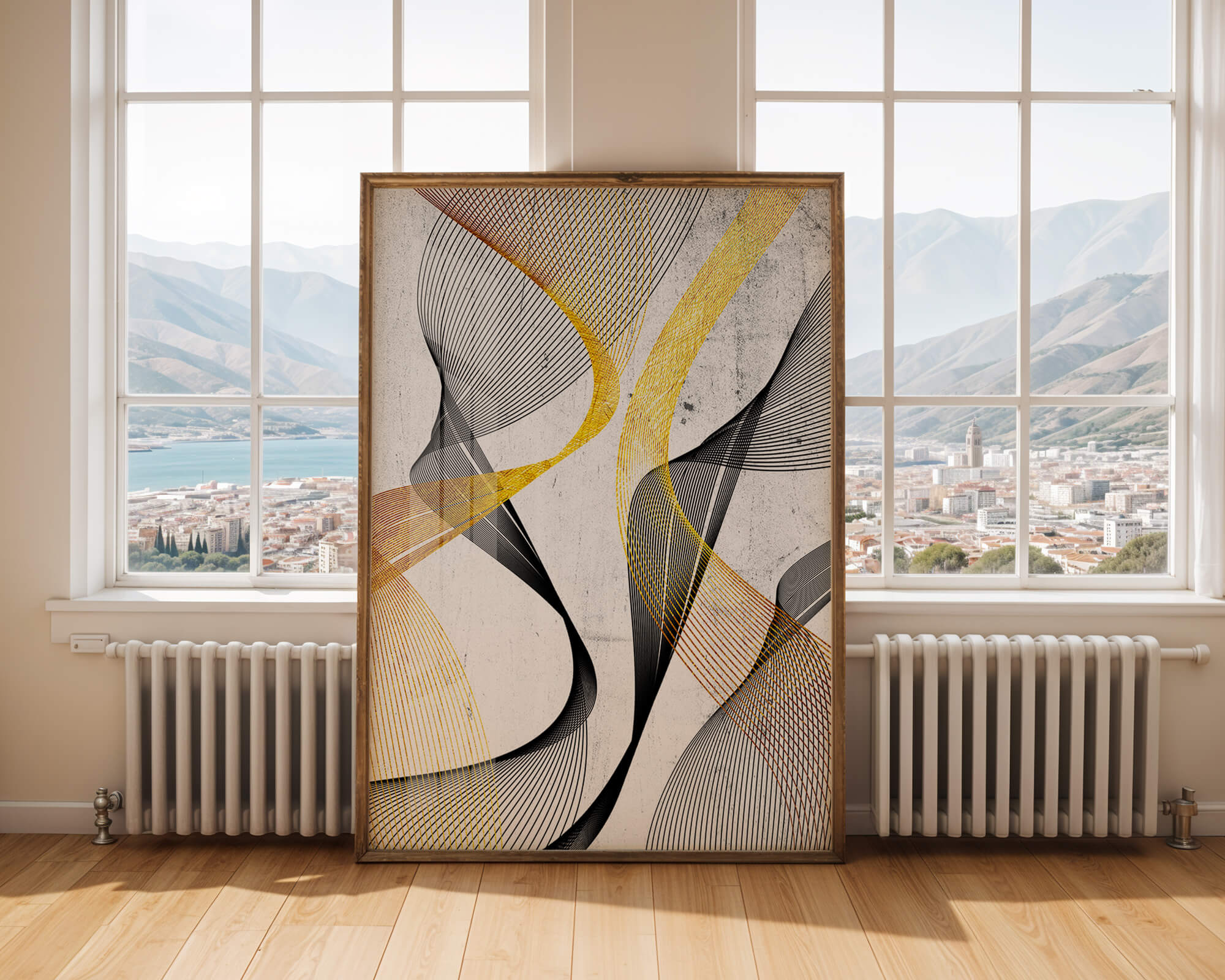 Abstract dynamic lines with golden and black swirls on textured background