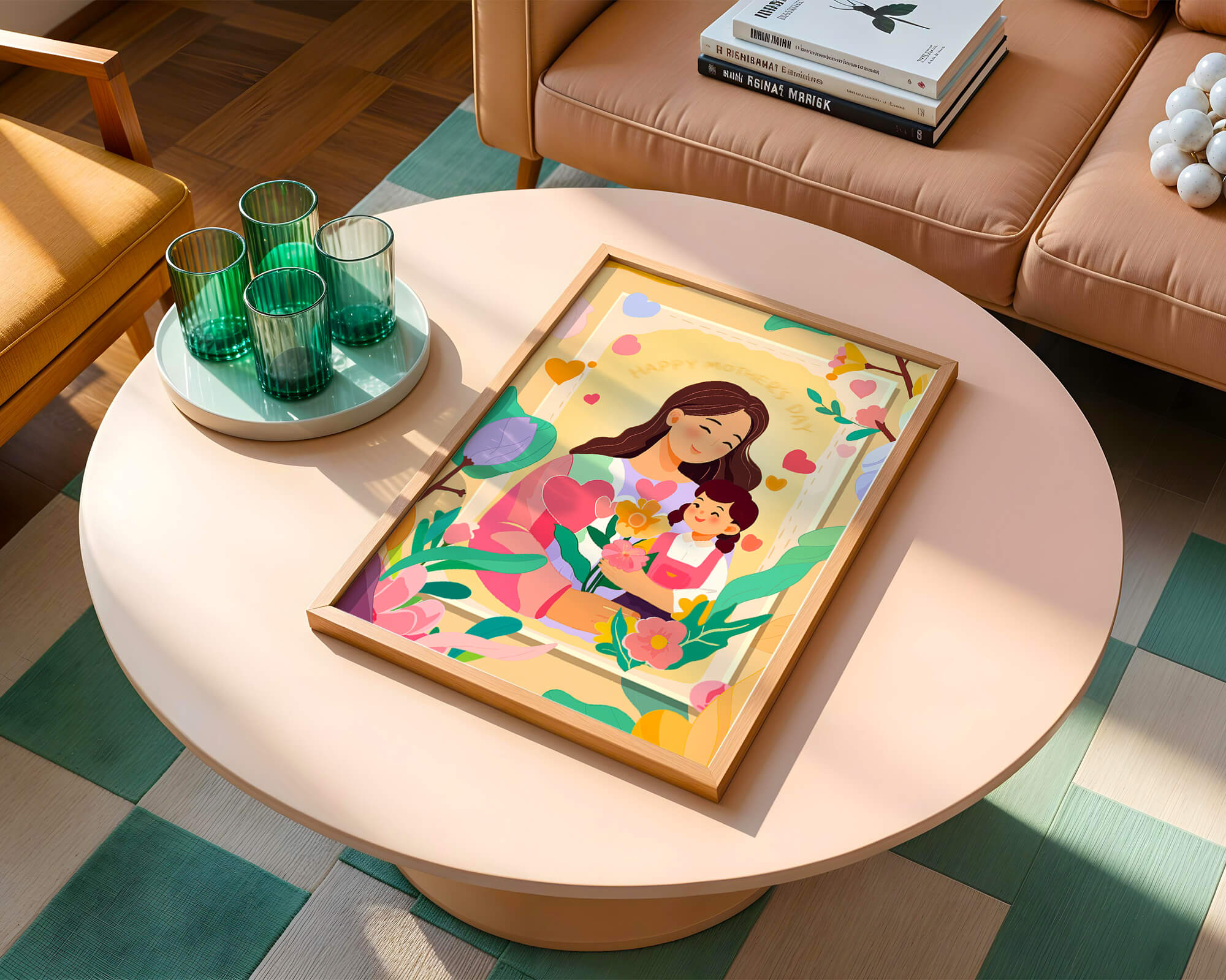Illustration of mother and daughter with flowers for Mother's Day