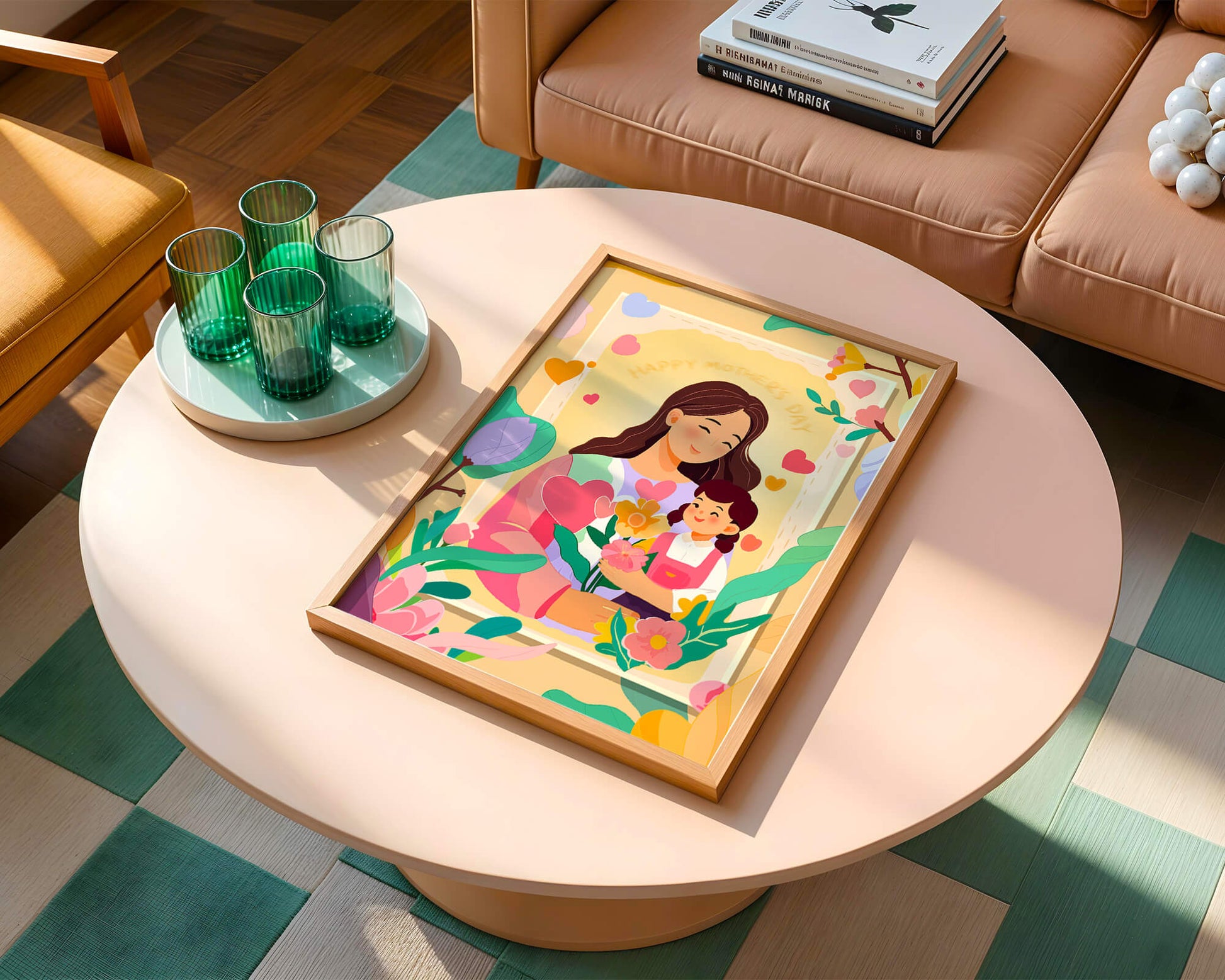 Illustration of mother and daughter with flowers for Mother's Day