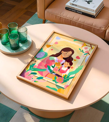 Illustration of mother and daughter with flowers for Mother's Day