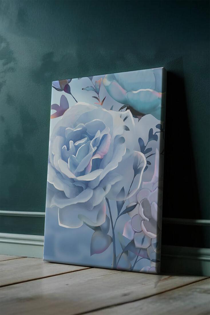 Rosas azules serenas con hojas delicadas sobre fondo suave