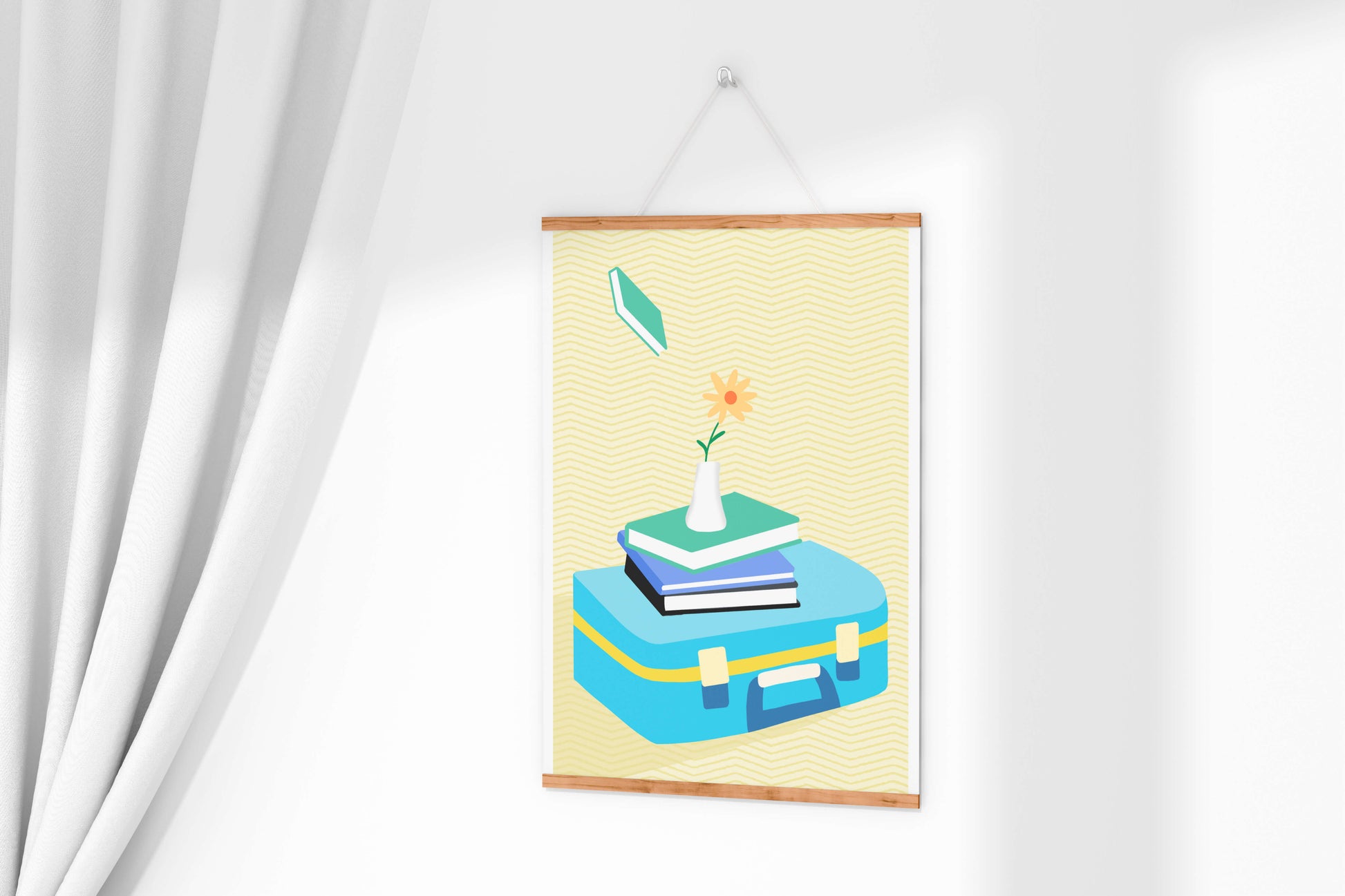 Colorful still life with books, flower vase, and suitcase