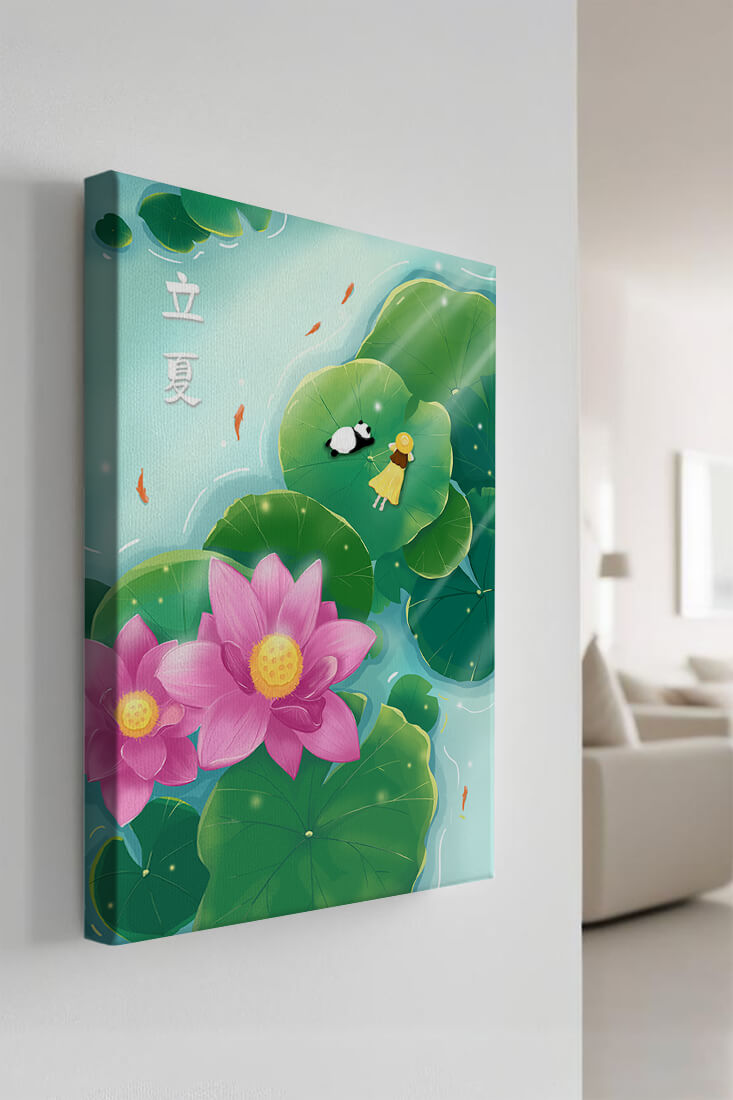 Girl and Panda Relaxing on Lily Pads with Pink Lotus and Goldfish