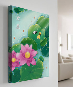 Girl and Panda Relaxing on Lily Pads with Pink Lotus and Goldfish