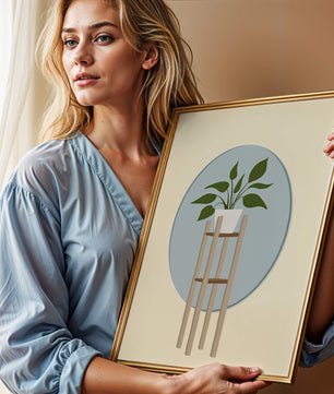 Illustration botanique moderne d'une plante en pot sur un support en bois