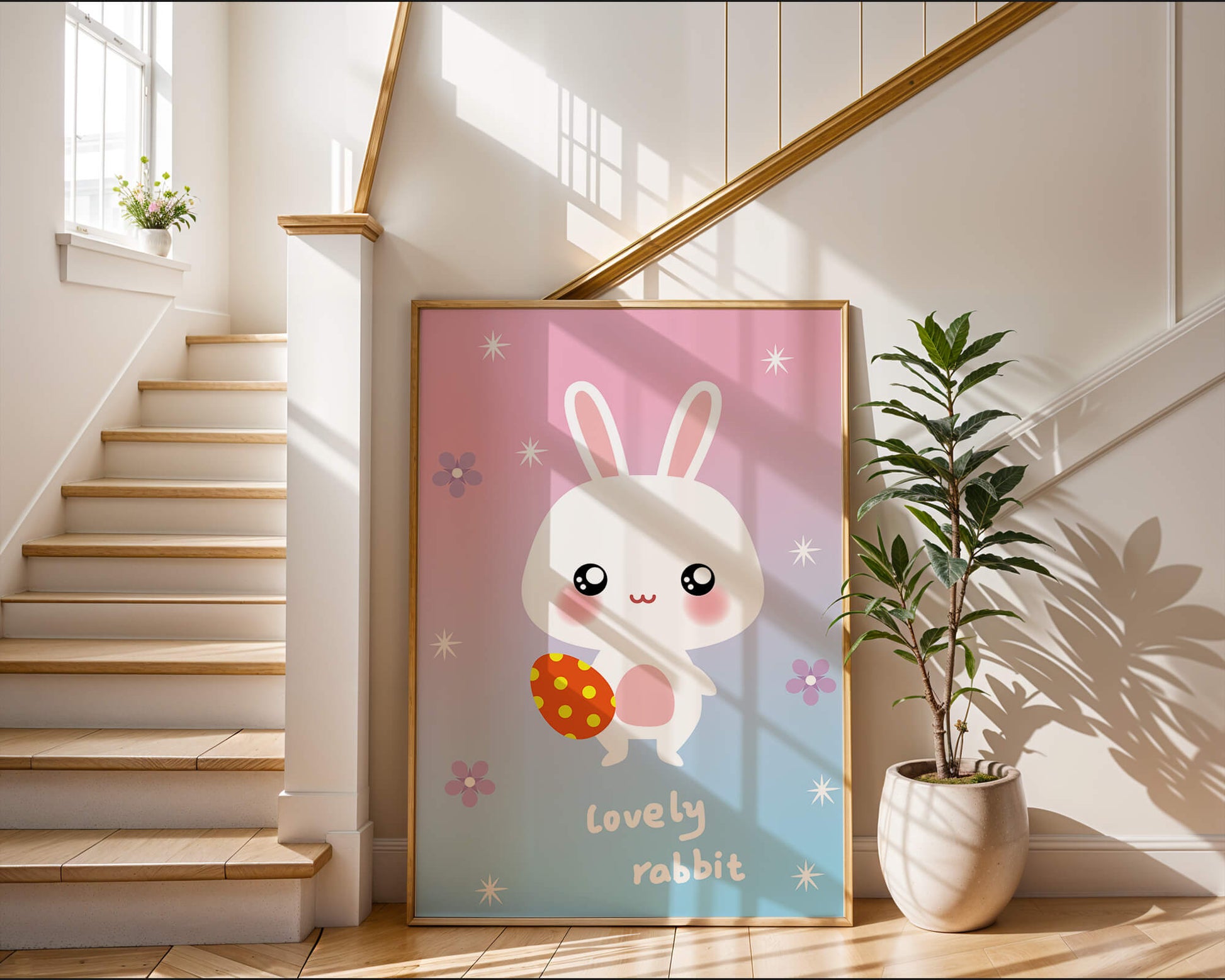 Adorable rabbit illustration with a colorful egg on a pastel background