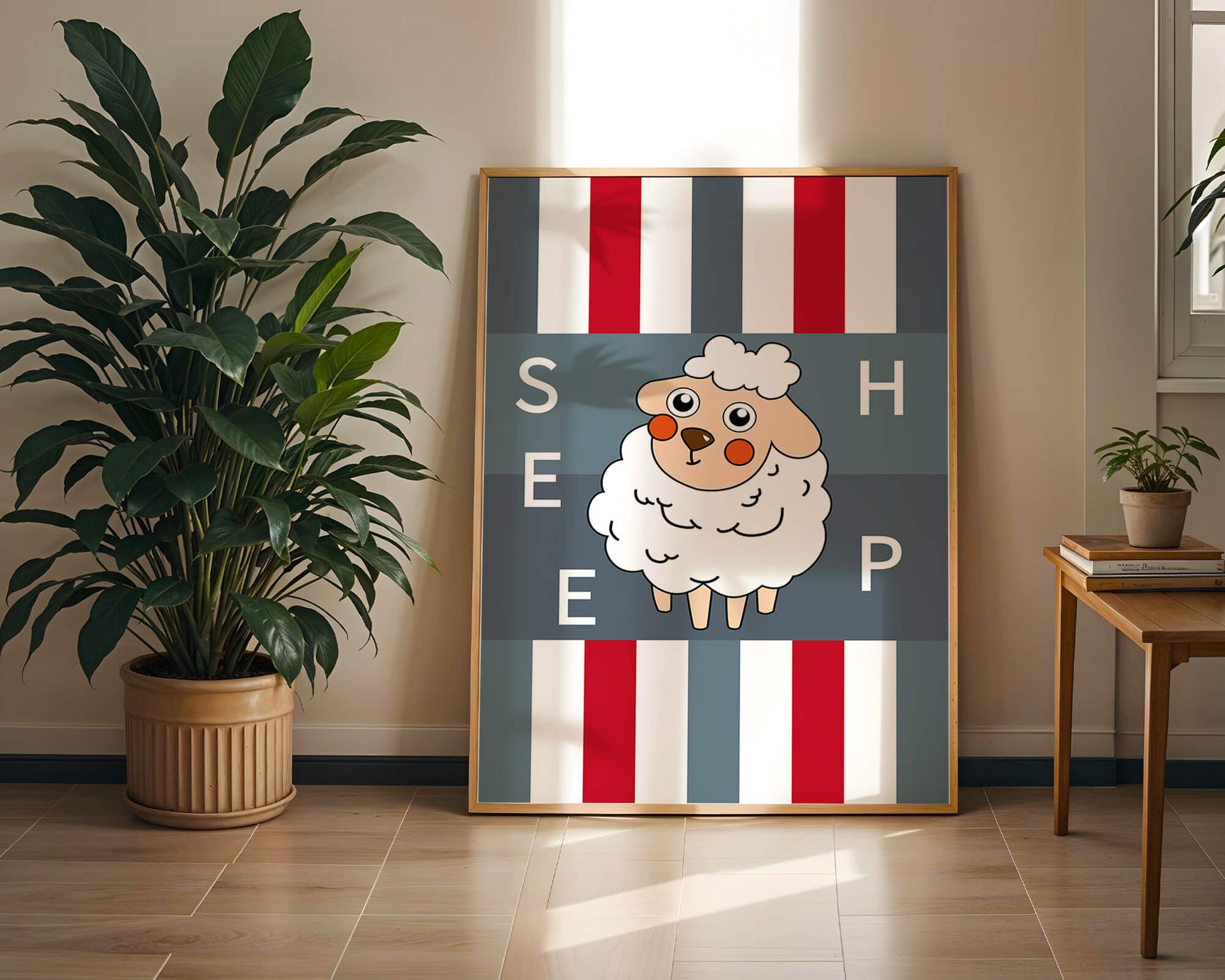 Playful sheep illustration on striped background