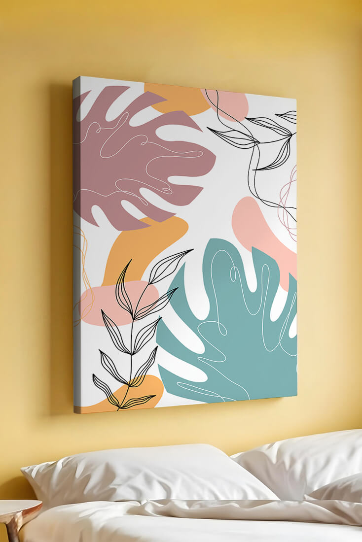 Abstract botanical illustration with colorful leaf patterns