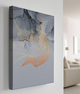 Elegantes abstraktes Design mit fließenden goldenen und orangefarbenen Linien auf blauem Hintergrund