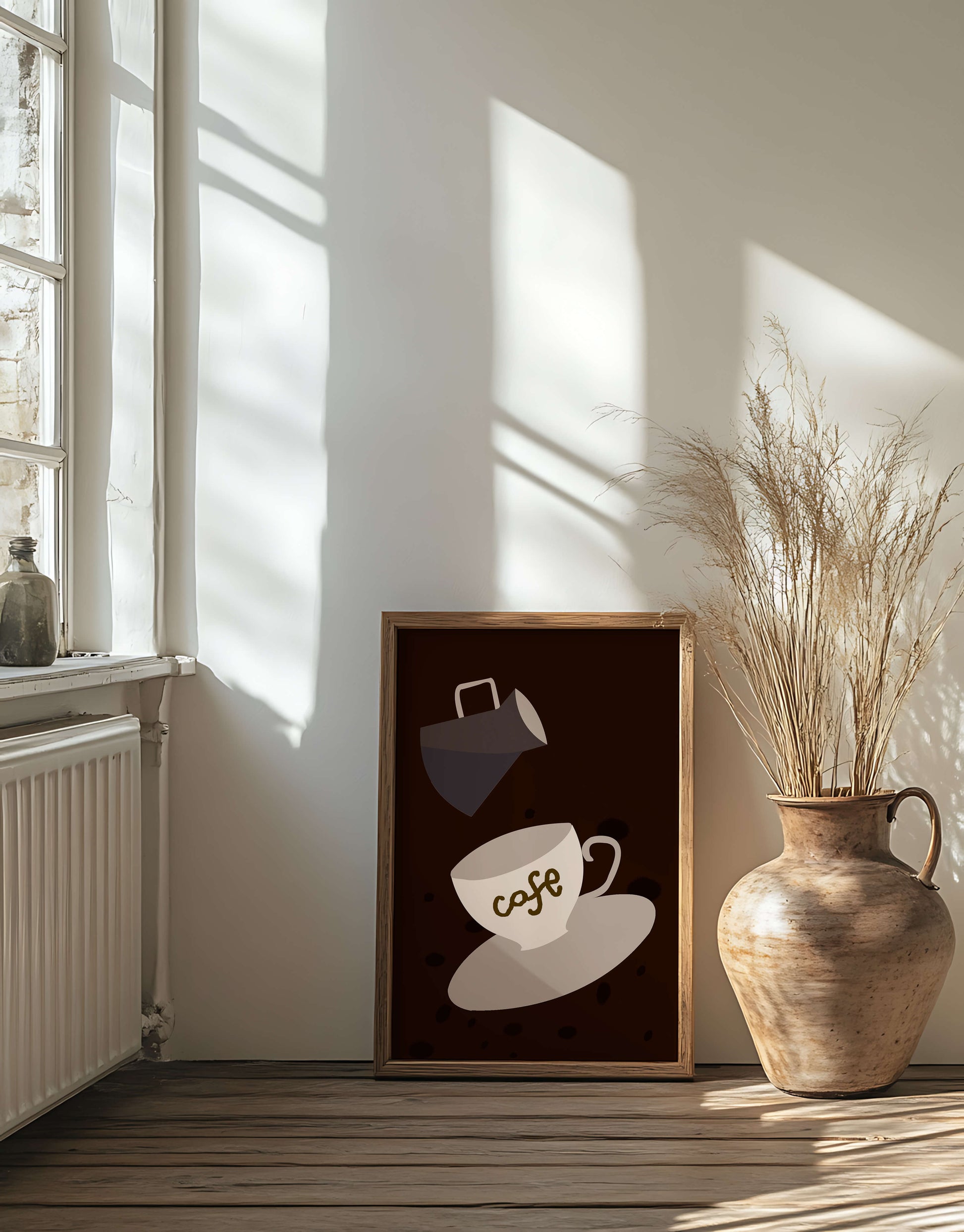 Minimalist coffee cup with pouring pot on dark background