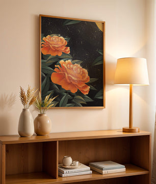 Fantasía floral elegante con flores naranjas vibrantes y un brillo dorado