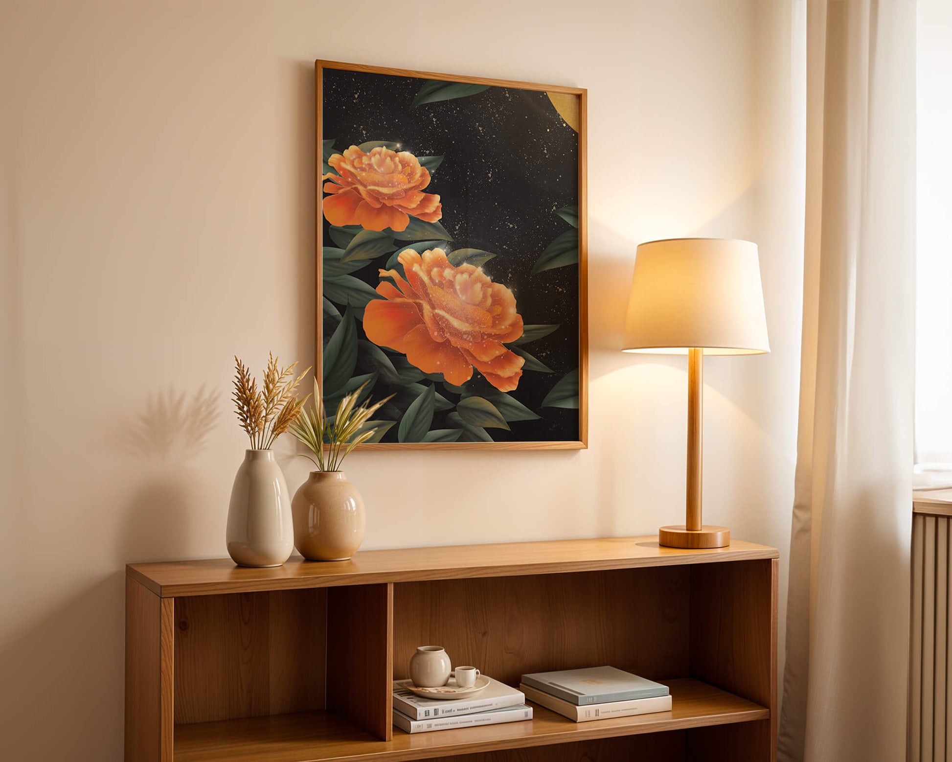 Fantasía floral elegante con flores naranjas vibrantes y un brillo dorado