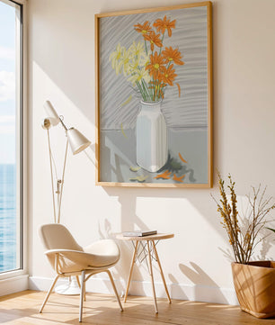 Vibrant daisies in a white vase illustration