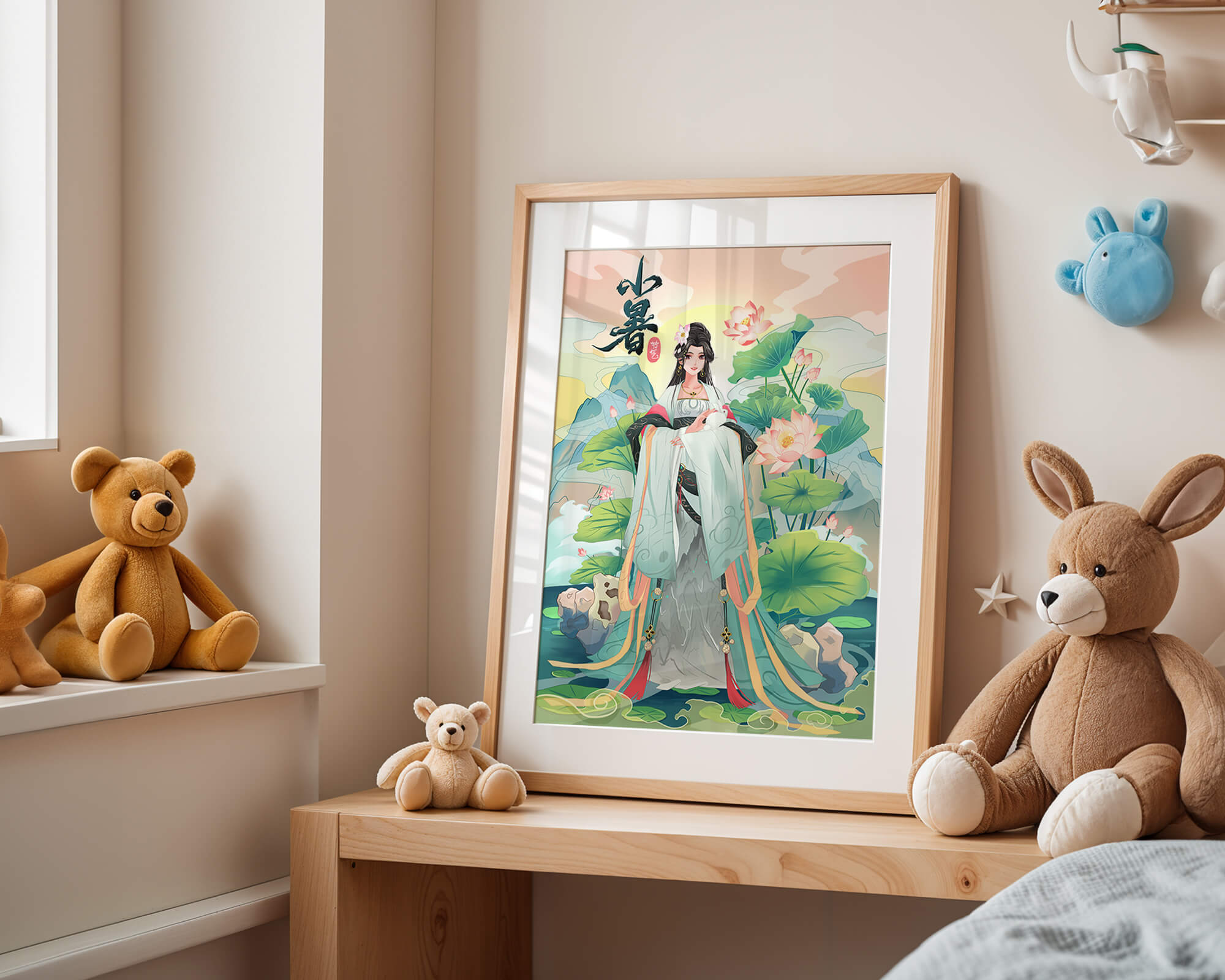 Elegant woman in traditional attire with lotus flowers and serene backdrop