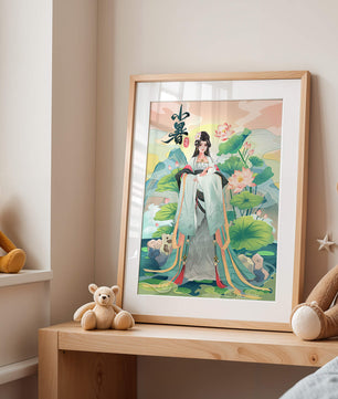 Elegant woman in traditional attire with lotus flowers and serene backdrop