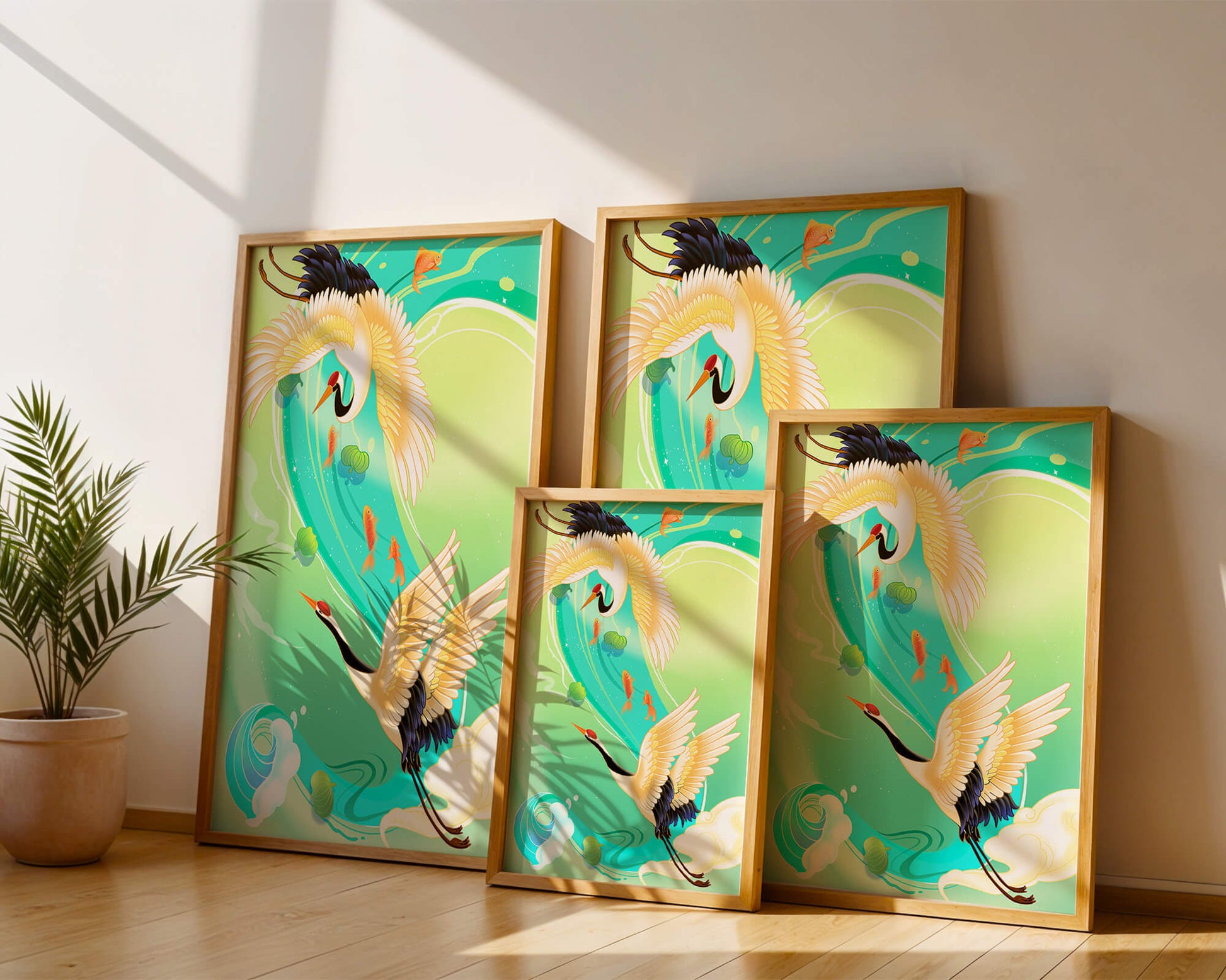 Elegante Kraniche und Fische in einer lebendigen Wasserszene