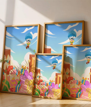 Colorful illustration with presents and children playing under a blue sky