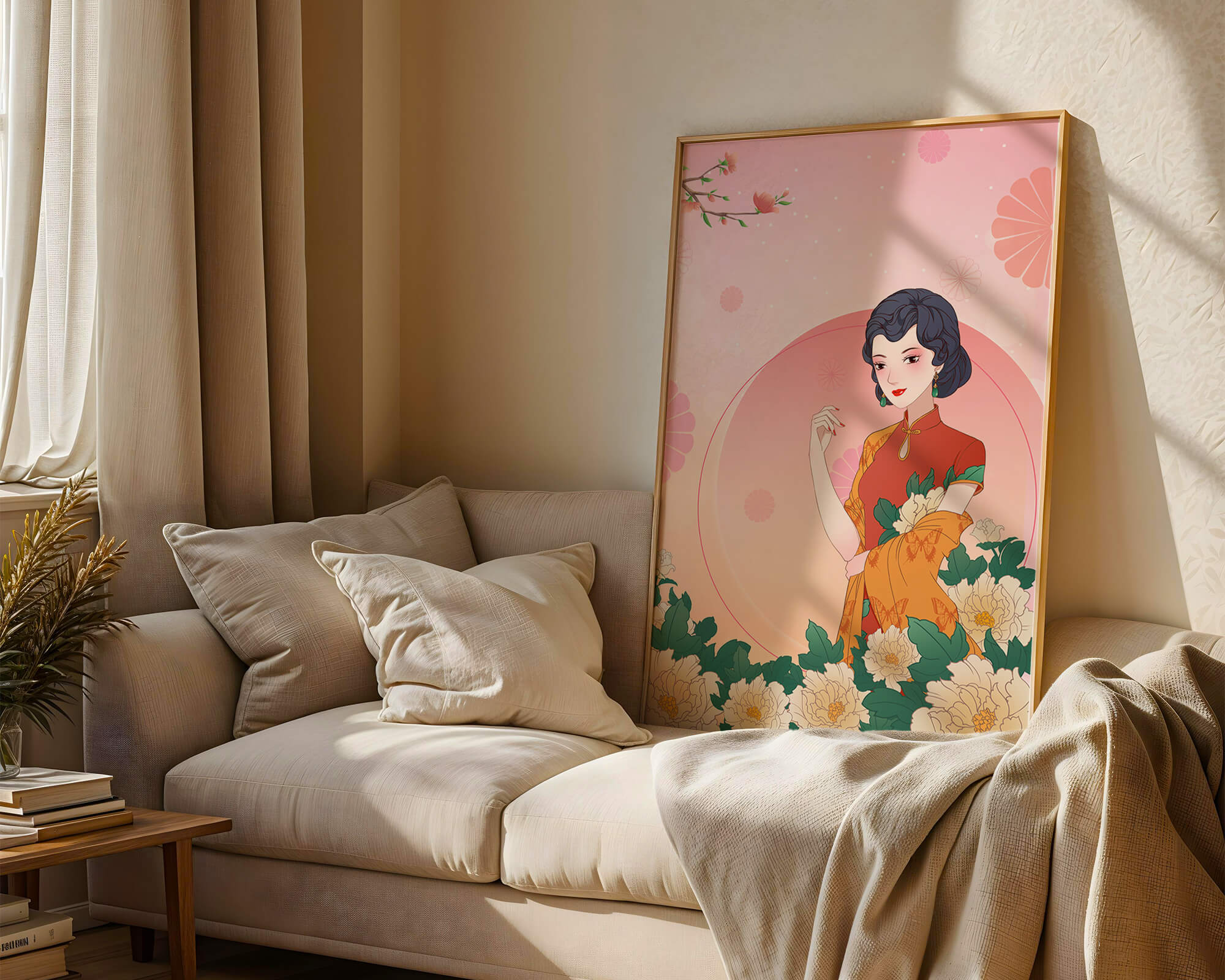 Elegant Woman in Traditional Asian Dress with Floral Background - Mi tienda