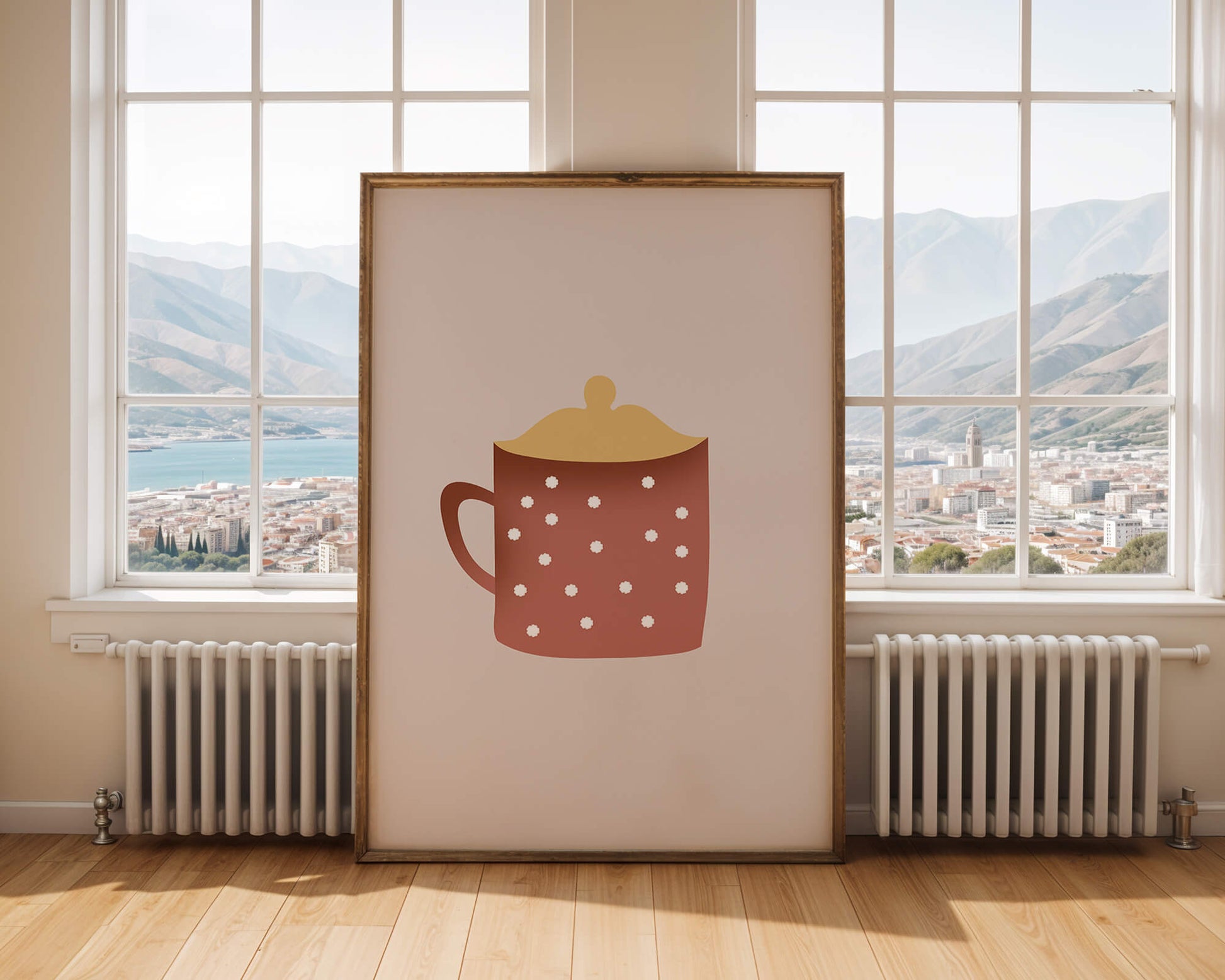 Decorative polka dot mug with yellow lid illustration