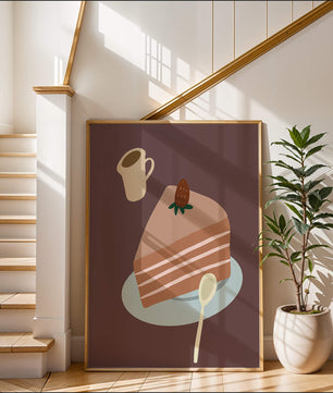 Ilustración de una porción de pastel con fresa y café