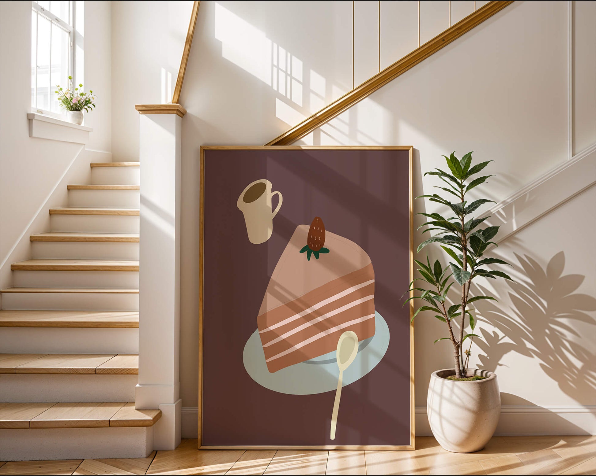 Illustration of a cake slice with strawberry and coffee