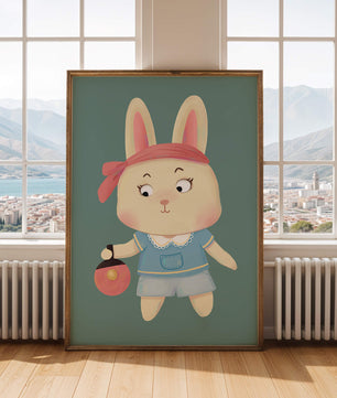 Illustration d'un lapin cartoon avec un bandeau et un sac rond