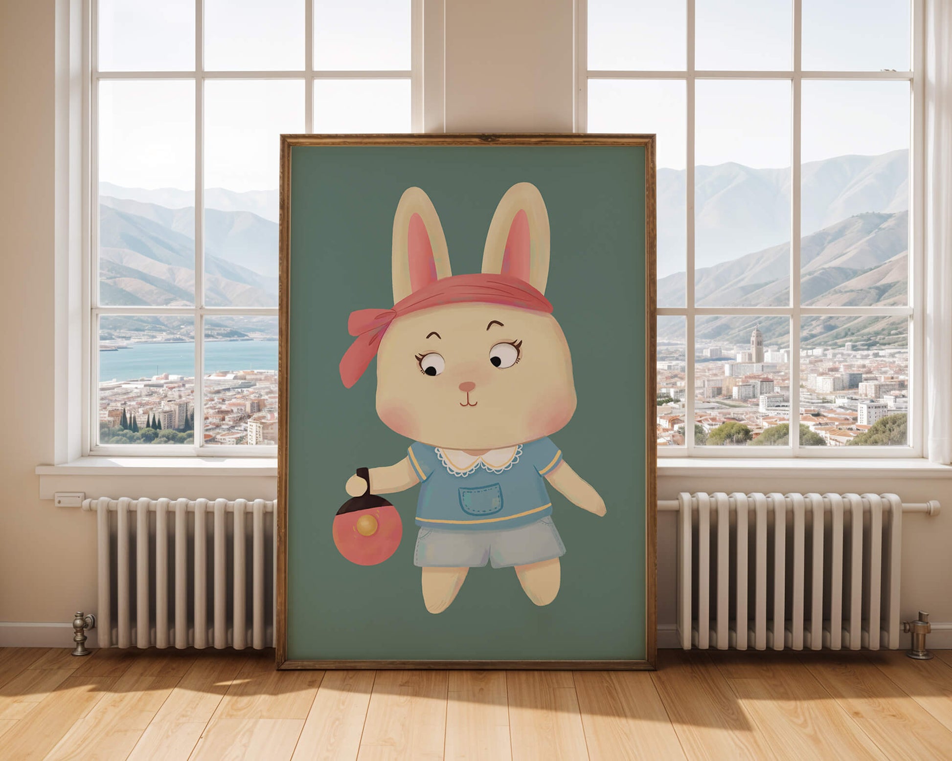 Illustration d'un lapin cartoon avec un bandeau et un sac rond