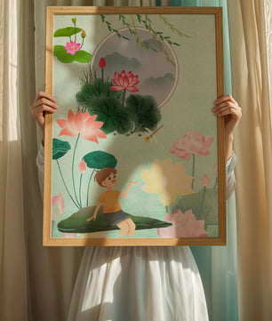 Serene illustration of a child in a lotus garden with vibrant flora