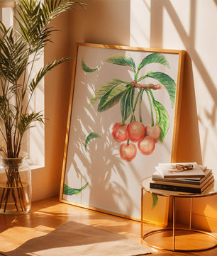 Ilustración realista de rama de cerezo con hojas verdes