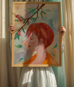 Illustrative artwork of a woman with red hair and floral branch