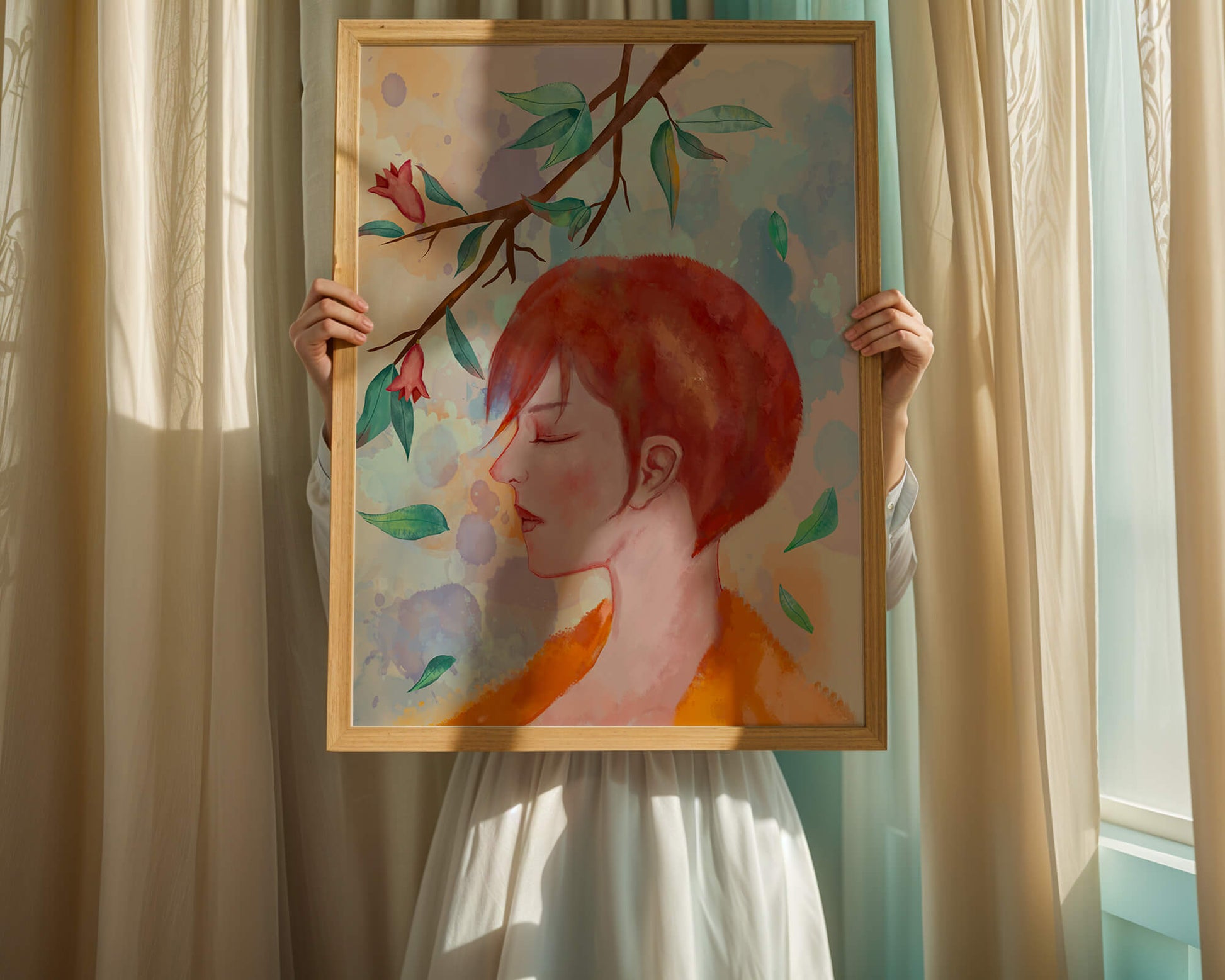 Illustrative artwork of a woman with red hair and floral branch