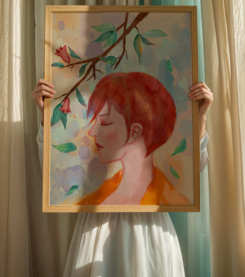 Illustrative artwork of a woman with red hair and floral branch