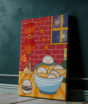 Festive Dumpling Illustration with Lanterns and Fireworks - Mi tienda