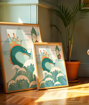 Illustration d’un dragon avec des vagues et des éléments traditionnels chinois