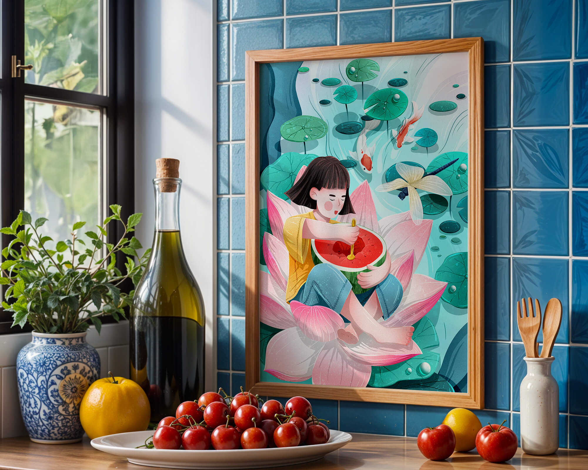 Serene illustration of child with watermelon on lotus flower
