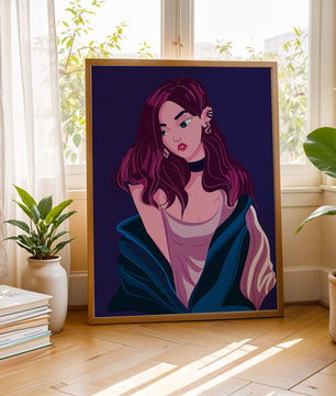 Illustration d'une fille élégante aux cheveux violets et à la veste bleue