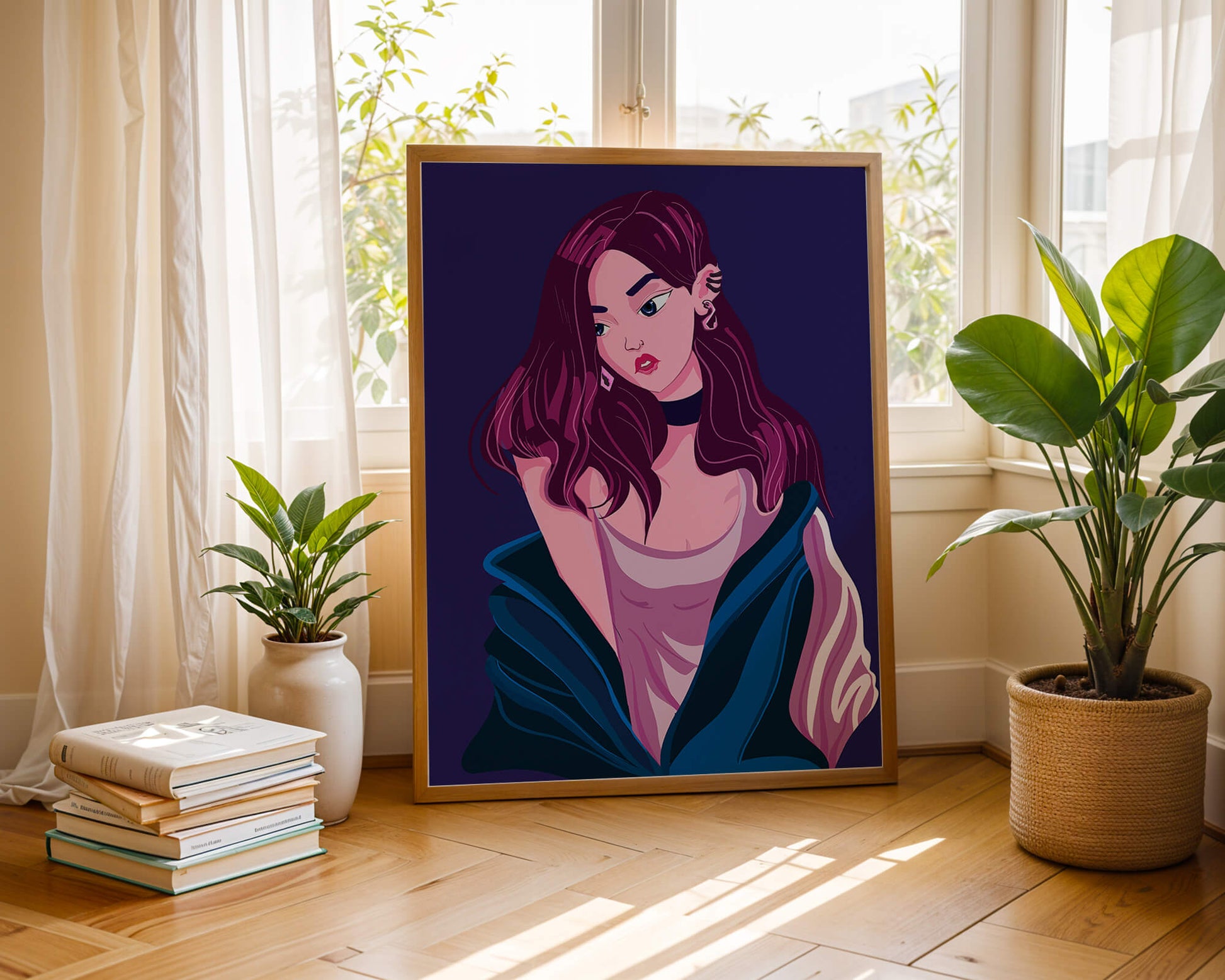 Stylish girl with purple hair and a blue jacket illustration