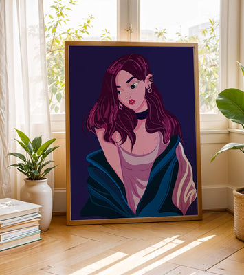 Stylish girl with purple hair and a blue jacket illustration