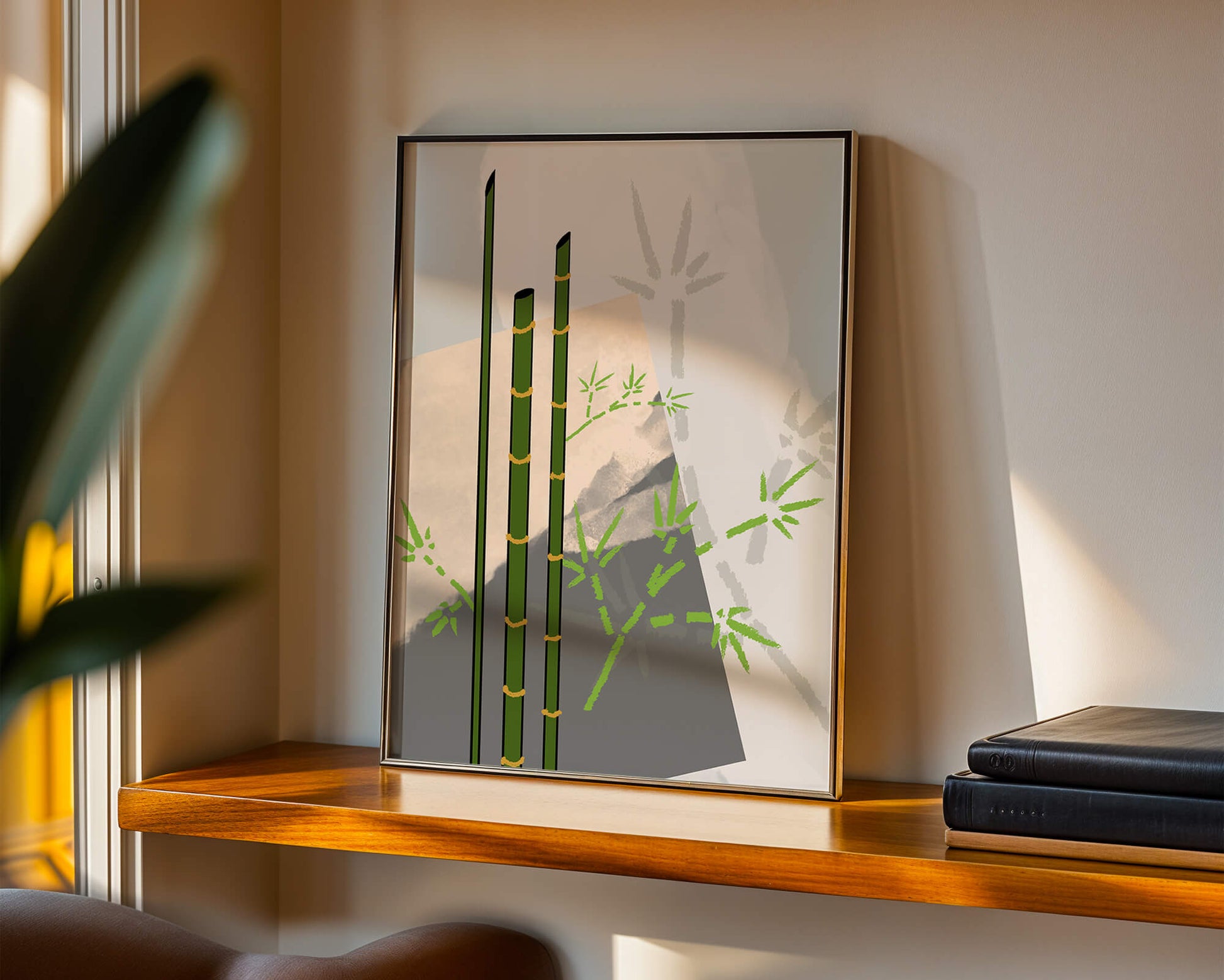 Arte minimalista de bambú con sombras abstractas de bambú