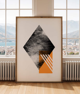 Abstract Geometric Composition with Orange Triangle and Cloudy Pattern - Mi tienda