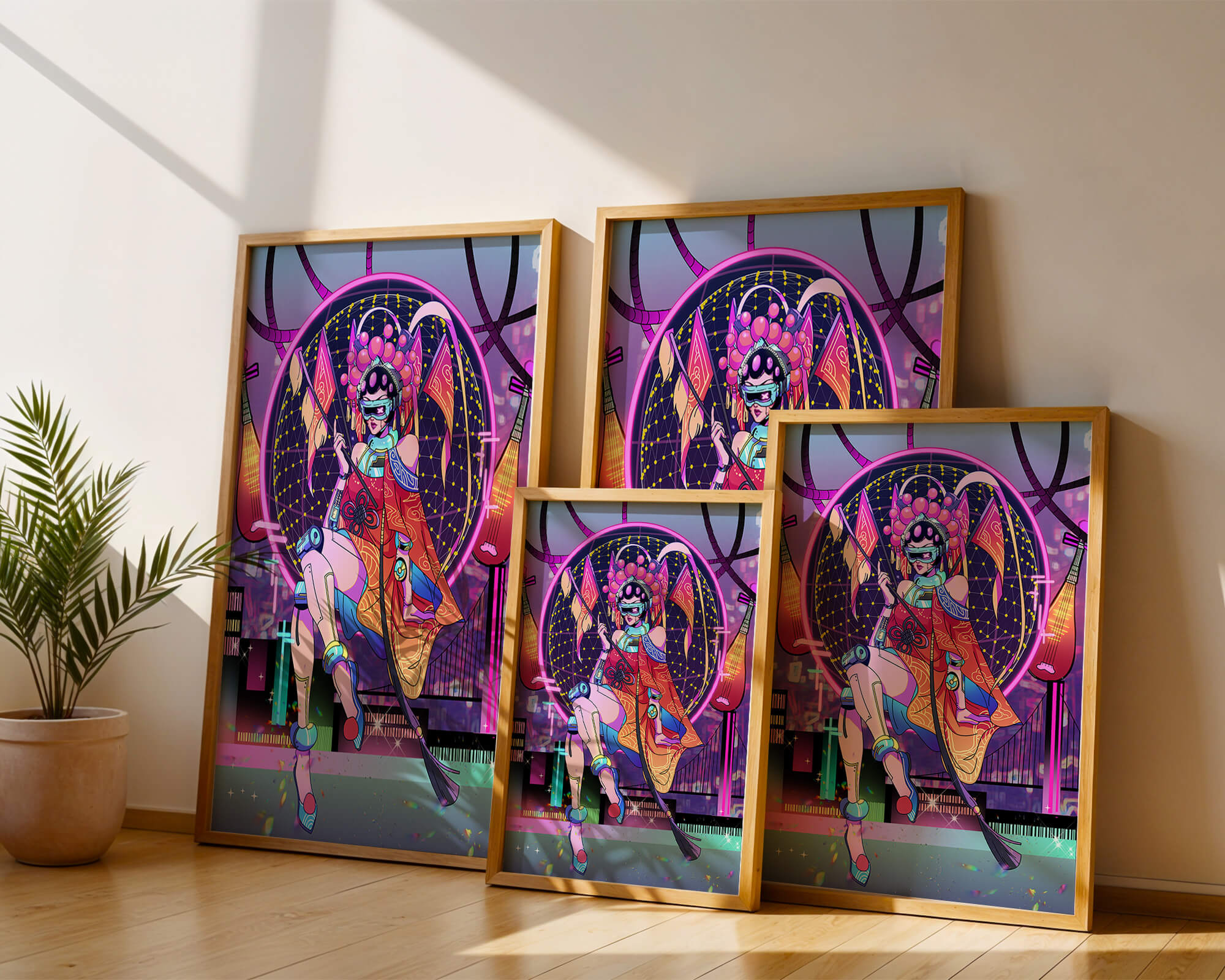 Futuristic geisha with neon lights and traditional elements