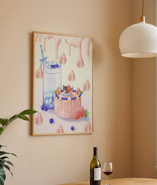 Escena de postre caprichosa con pastel y bebida con acentos juguetones