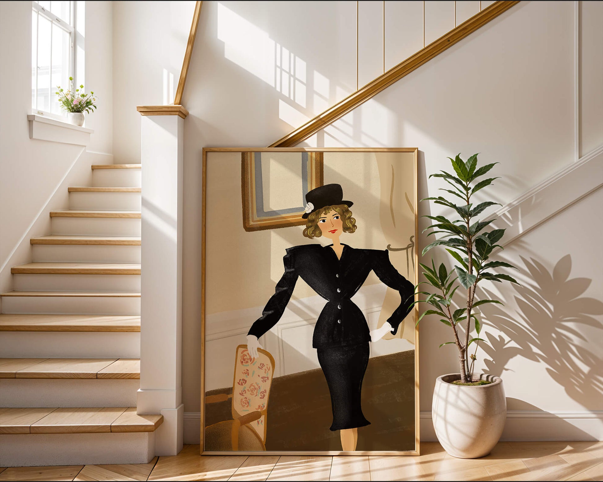 Mujer elegante en moda vintage con traje negro y sombrero