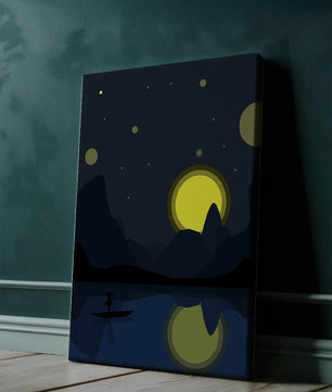 Paisaje nocturno sereno con río iluminado por la luna y bote silueteado