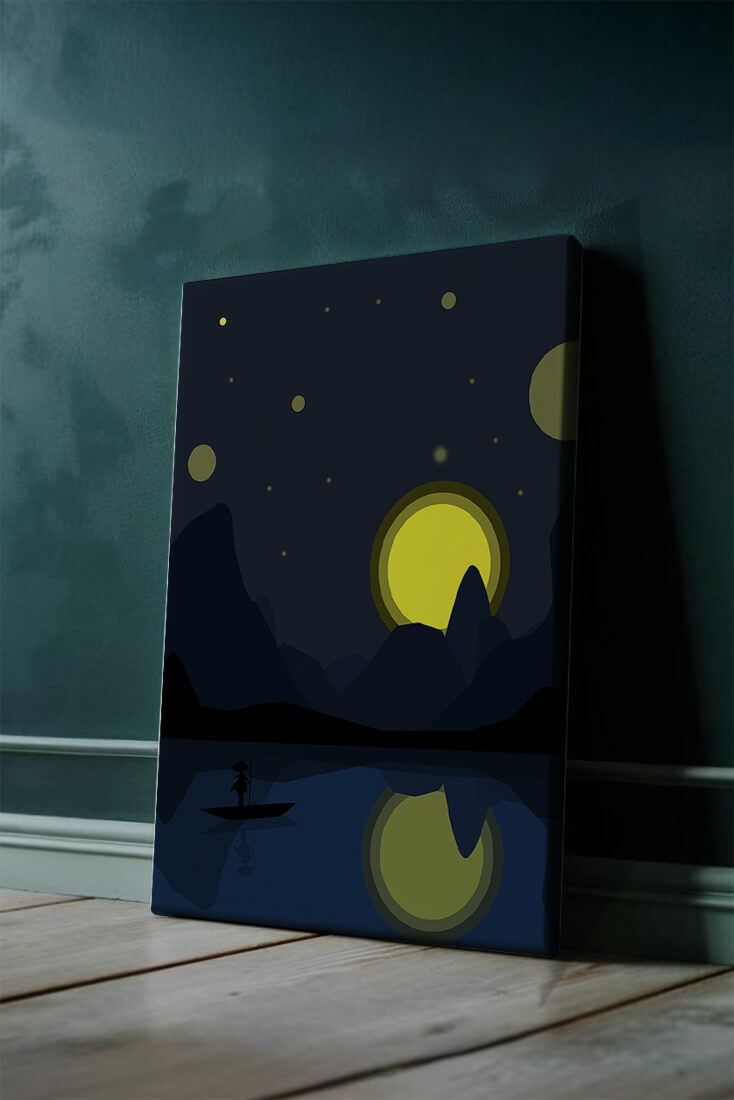 Serene night landscape with moonlit river and silhouetted boat
