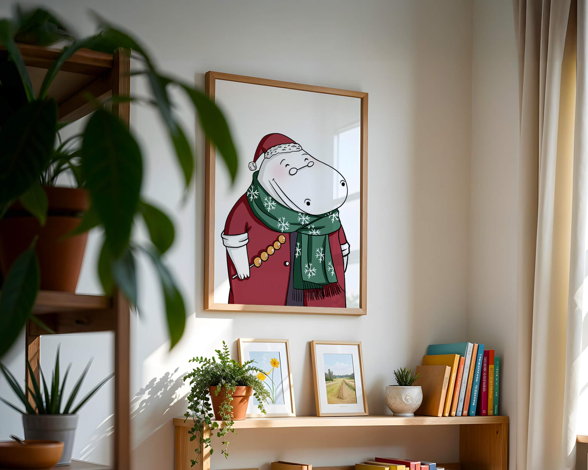 Festive hippo in a red outfit with a green snowflake scarf