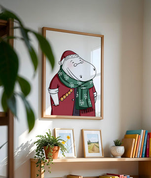 Festive hippo in a red outfit with a green snowflake scarf